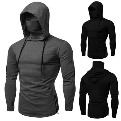 Men's Gym Sport Hoodie Pullover Tops Snood Neck Hooded Sweatshirt With Face Mask • £17.69