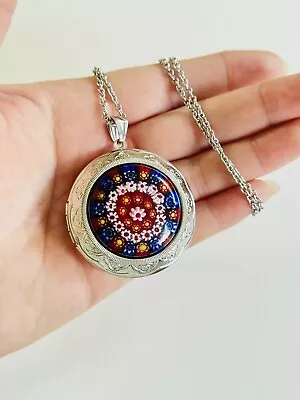 Locket Necklace Venetian Glass Murano Colorful Millefiori Chain Silver Tone Rare • $35