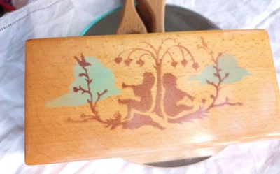 £6.99 • Buy Wooden Pencil Box W Hand Painted Scene Children Playing Flutes Birds Hinged Lid 