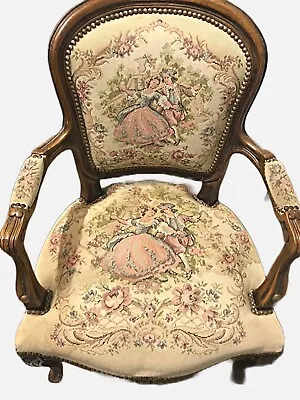 20th Century Chateau D’ax Louis XV Needlepoint Tapestry Armchair Courting Lady • $300