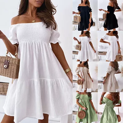 Womens Off Shoulder Ruffle Mini Dress Ladies Summer Holiday Party Swing Sundress • £11.99