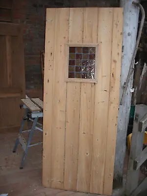 Reclaimed Cottage / Plank  Stripped Pine Door With Stained Glass Panel • £375