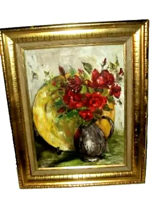 MCM ROSES OIL PAINTING IMPRESSIONISM ABSTRACT FOIL WOOD FRAME 1960s VINTAGE • $143.99