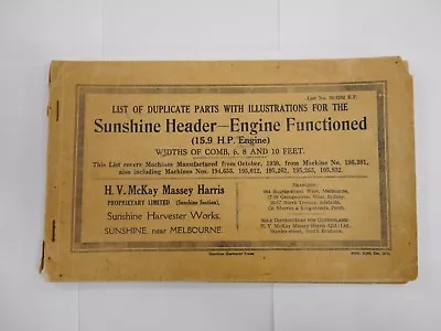 Sunshine Header - Engine Functioned Parts Manual / Massey Harris Pty Australia • $25