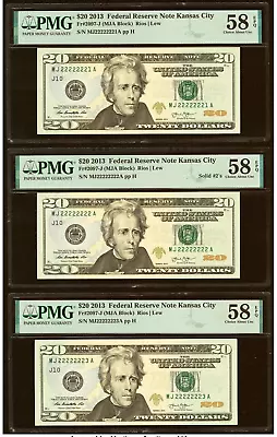 2013 $20 FRN Solid 2's (two's) Serial Number With Bookends  PMG AU 58 EPQ • $2395
