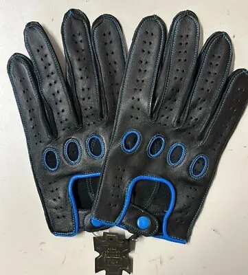 Men's Leather Driving Gloves With Knuckle Holes BLACK With Blue Trim With Touch • $7.99