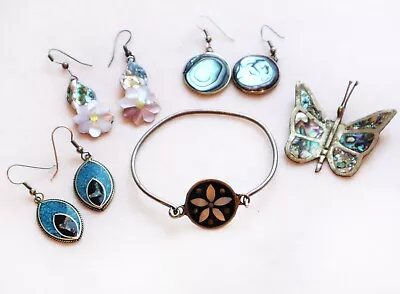 Vintage ALPACA Mexico Jewelry Lot Inlaid Gemstone Butterfly Turquoise Abalone • $39.99
