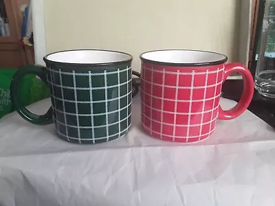 Hallmark Christmas Holiday Red & Green Plaid Set Of 2 Coffee Soup Cups Mugs • $8.50