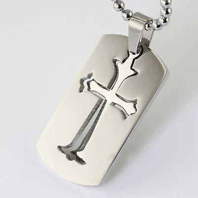 Dog Tag Cross Stainless Steel Pendant And 2430inch Ball Necklace Wholesale • $4.99