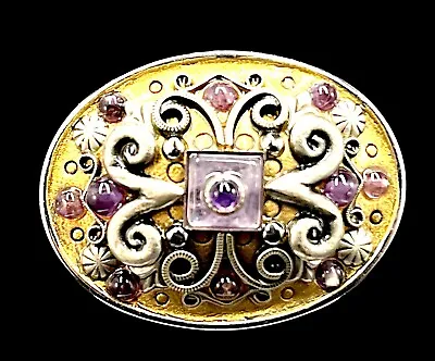 Michal Golan Gold & Silver Plated Amethyst Cabochon Statement Brooch Pendant • $59.95