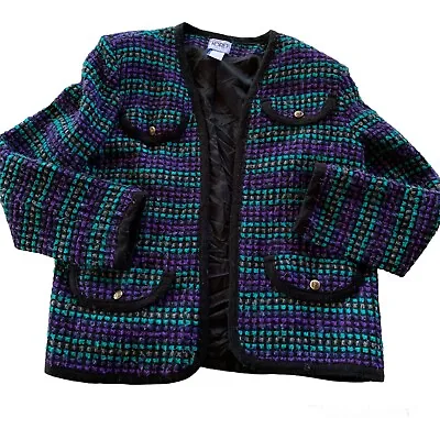 Vintage Koret Boucle Tweed Blazer Open Jacket Blue Purple Black ILGWU Vtg Sz 10 • $19.95