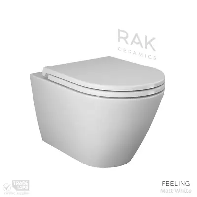 RAK Feeling Wall Hung RIMLESS Flush Toilet WC Pan & Soft Close Seat Matt White • £274.95