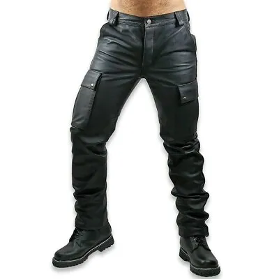 Men Genuine Leather Pant Plain Cargo Real Leather Jeans Slim Trousers Black • $104