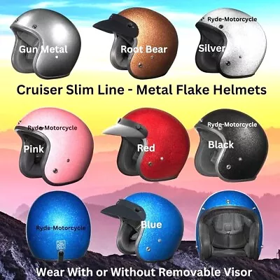 Cruiser - Slim Line Metal Flake 3/4 DOT Helmets  Avoid The Bowling Ball Look • $117.76