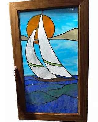 Vintage MARITIME SAILBOAT Leaded STAINED GLASS Old NAUTICAL Ocean COTTAGE WINDOW • $0.99