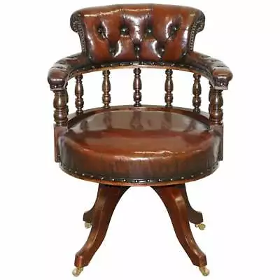 Antique Circa 1860 Fully Restored Deep Cigar Brown Leather Swivel Captains Chair • £2850