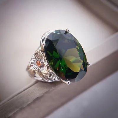 New Big Oval Olive Green Citrine Gemstone Classical Women Charm Silver Rings • $6.99