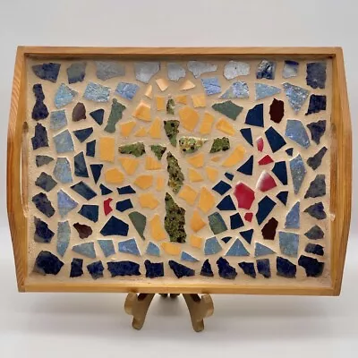 Serving Tray With Handles Mosaic Inlay Cross Religious Wooden & Ceramic Vintage • $19.99