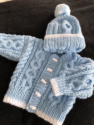 HAND KNITTED BABY BOYS ARAN CARDIGAN  And Matching Hat 0/3 Months Baby Blue • £14.50