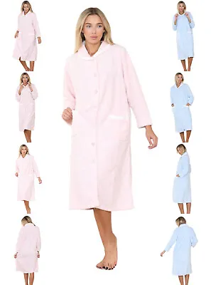 Women Button Closure Dressing Gown Soft Waffle Teddy Fleece Long Warm Robe • £25.94