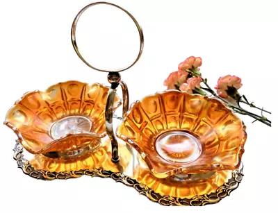 Marigold Carnival Glass Bowls On Silver Stand Vintage Art Deco Tableware 11x6cm • £72