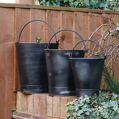 Galvanised Rustic Black Bucket Planters Set 3 | Metal Garden Flower Pot Trough • £16.99