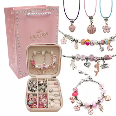 Girls Bracelet Making Kit Beads Jewellery Charms Pendant Set DIY Craft Kids _ • £9.59