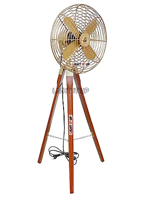 Vintage Brass Antique Electric Floor Fan With Wooden Tripod Stand Gift Item • $320.04