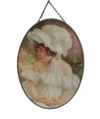 VTG Victorian Oval Flue Cover LIL GIRL WHITE BONNET DRESS Metal Frame Wall Decor • $19.99