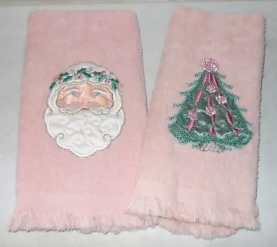 Mid Century Vintage Unbranded Baby Pink Embroidered Christmas Hand Towel Set 2 • $18.95