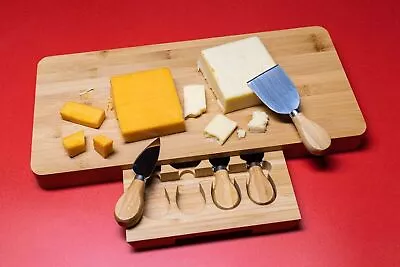 Large Cheese Board & Knife Set Bamboo Wooden Serving Platter Display Tray Drawer • £22.99