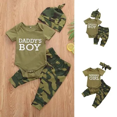 Newborn Baby Girl Bodysuit Romper Camouflage Pants Headband Outfits Clothes • £8.79