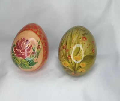 2 Vintage Hand Painted Lacquered Decorative Wooden Eggs Very Detailed Flowers • $21.90