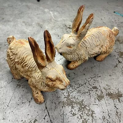2 Matching Antique 1920s Cast Iron Garden Bunny Rabbit Lot Statue Lawn Ornament • $600