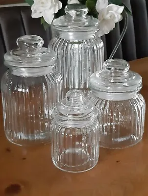 £14.99 • Buy Set Of 4 Ribbed Glass Storage Sweet Jars Airtight Lid Wedding Favours  New