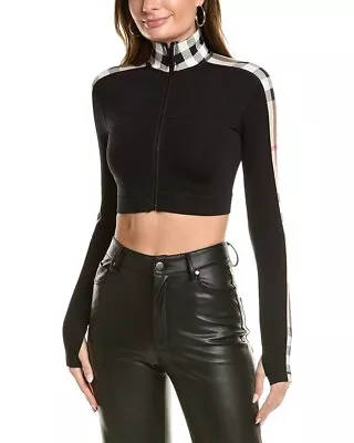 Burberry London (xs) Black Check Trim Ls Crop Top Zip Front Nwt Msrp$650 • £534.89