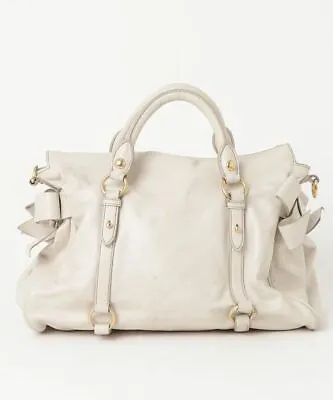 Auth Miu Miu Handbag Tote Bag #3201 Beige Leather Bow Ribbon • $276