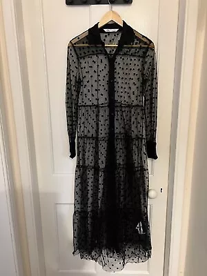 ZARA Black Polka Dot Mesh Cover Up Maxi Dress Kaftan Size S/8 New Without Tags • £20
