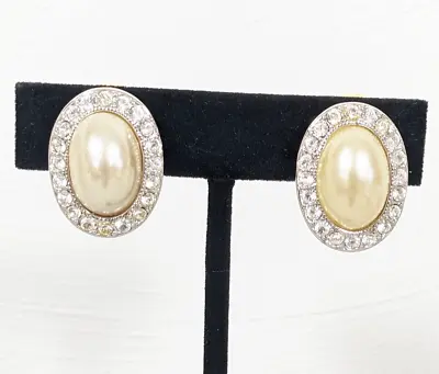 Vintage Kenneth Jay Lane KJL Faux Pearl Oval Rhinestone Halo Clip On Earrings • $34.99