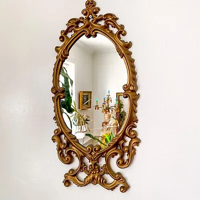 Vintage Small Scale Oval Wall Mirror Hollywood Regency Gold Ornate Syroco Style • $68