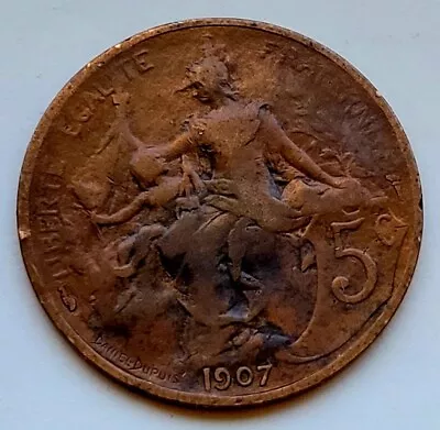 1907 France 5 Centimes Coin Bronze KM #842 - • $4.25