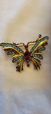Vintage Butterfly Brooch Turquoise/garnet Signed Jeanne • $27.25