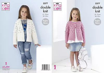 King Cole Girls Double Knitting Pattern Raglan Round Or V Neck Cardigans 5377 • £4.99