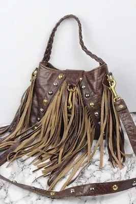 JJ Winters Brown Leather Chase Fringe Studded Shoulder Saddle Stud Bag • £49.99