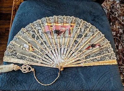 Antique Victorian MOP And Lace Hand Fan With Spanish Bullfighter Paintings • $150