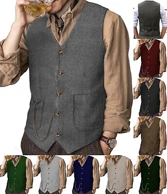 Patch Waistcoat Mens Tweed Vests Vintage Herringbone Wool Retro Wedding Workwear • $43.99