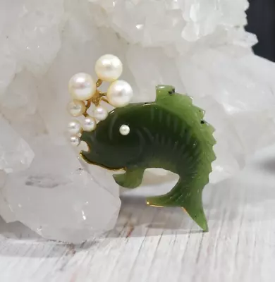 Vtg Unsigned Swoboda Carved Jade Fish & Real Pearl Bubble Pin Brooch • $45