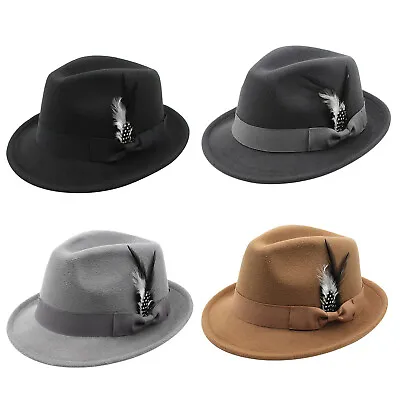 Men Women's Feather Short Brim Wool Soft Felt Fedora Jazz Hat Panama Trilby Cap • $14.99