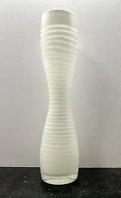 Mid-Century White Cased 11.5” Hourglass Vase With Etched Horizontal Lines • $15