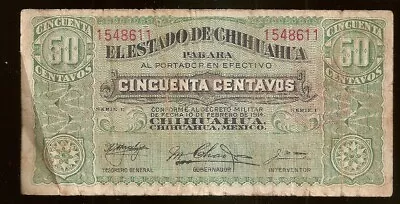 1914 $50 Centavos Pesos Bill From The Mexican Revolution El Estado De Chihuahua • $3.25